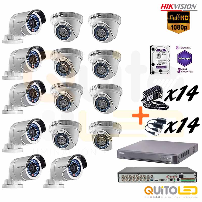 kit-camaras-14-con-disco-duro Kit 14 Cámaras de seguridad 1080P Hikvision, DVR 16CH Audio de Dos vias/Reconocimiento Facial/ Protección perimetral basada en algoritmo +Disco duro 2TB Purple - Imagen 1