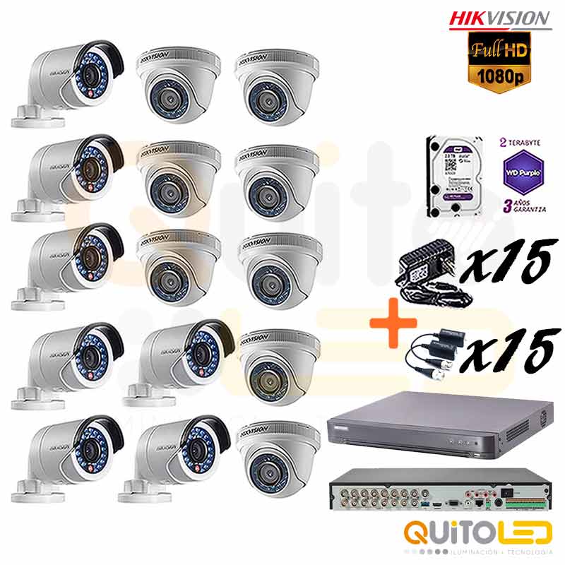 kit-camaras-15-con-disco-duro Kit 15 Cámaras de seguridad 1080P Hikvision, DVR 16CH Audio de Dos vias/Reconocimiento Facial/ Protección perimetral basada en algoritmo +Disco duro 2TB Purple - Imagen 1